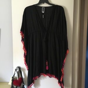 New JETS by JESSIKA ALLEN Black Fringe Trim Beaded Tassel Kaftan M/L